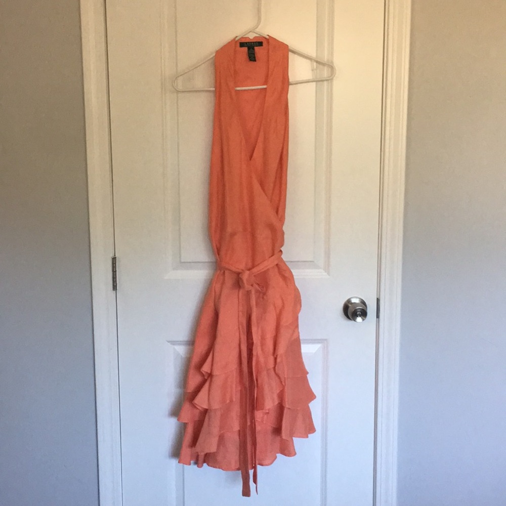 Lauren RL linen coral pink ruffle bottom dress